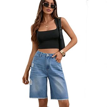 Women Jorts Baggy Jeans Jorts Ripped Raw Hem Fringe Design High Waist Denim Y2K Shorts
