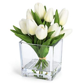 Artificial Mini Tulips In Glass Vase Faux Tulip Arrangement Lifelike Flowers for Home Table Decor