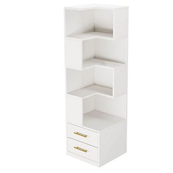 5 tier L-Shaped Corner Bookshelf with 2 Drawers for Bedroom or Office
