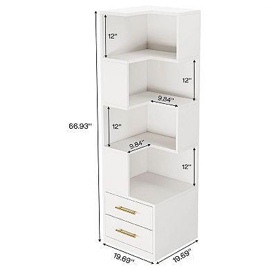 5-Tier L-Shaped Corner Bookshelf with 2 Drawers for Bedroom or Office