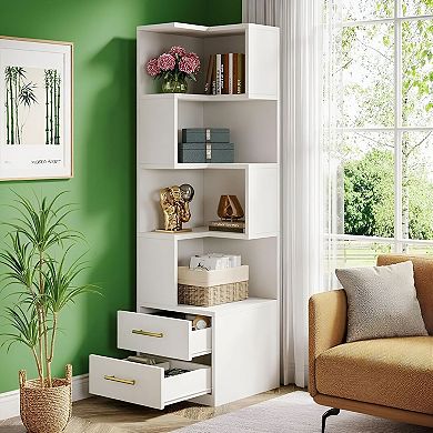 5-Tier L-Shaped Corner Bookshelf with 2 Drawers for Bedroom or Office