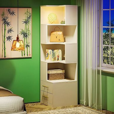 5-Tier L-Shaped Corner Bookshelf with 2 Drawers for Bedroom or Office