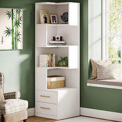 5-Tier L-Shaped Corner Bookshelf with 2 Drawers for Bedroom or Office