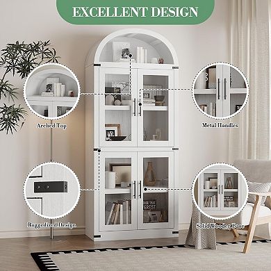 71" Arched Glass Door Bookcase: 4-Door Freestanding Display Cabinet with Anti-Tip Kit