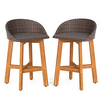 Set of 2 Outdoor Faux Rattan Bar Chairs with Ergonomic Backrests