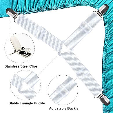4 Piece Bed Sheet Straps Adjustable Elastic Suspenders with Metal Clips