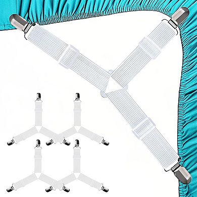 4 Piece Bed Sheet Straps Adjustable Elastic Suspenders with Metal Clips