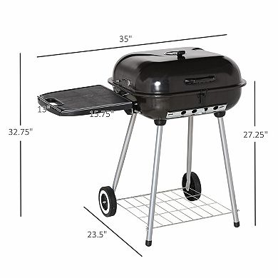 Charcoal BBQ Grill with Lid, Warming Rack, Folding Side Shelf and Wheels for Backyard Patio
