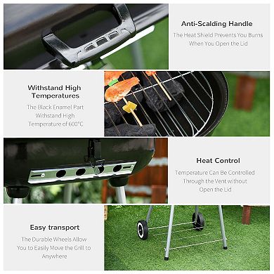 Charcoal BBQ Grill with Lid, Warming Rack, Folding Side Shelf and Wheels for Backyard Patio