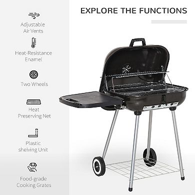 Charcoal BBQ Grill with Lid, Warming Rack, Folding Side Shelf and Wheels for Backyard Patio