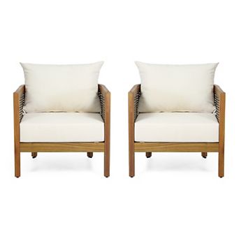 Outdoor Acacia Wood Club Chairs with Cushions (Set of 2) Teak, Brown Wicker Accents