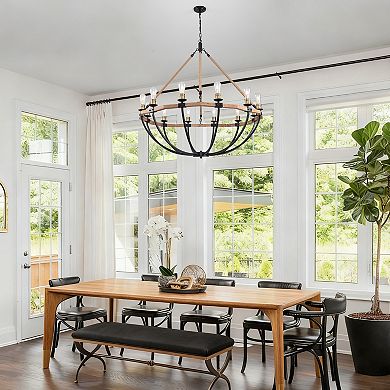 Large 48" Industrial Rustic 12-Light Wagon Wheel Chandelier, Solid Wood Black Metal