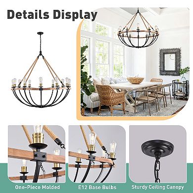 Large 48" Industrial Rustic 12-Light Wagon Wheel Chandelier, Solid Wood Black Metal