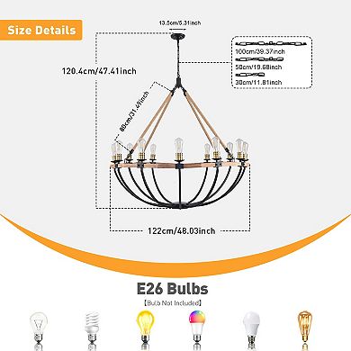 Large 48" Industrial Rustic 12-Light Wagon Wheel Chandelier, Solid Wood Black Metal