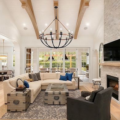 Large 48" Industrial Rustic 12-Light Wagon Wheel Chandelier, Solid Wood Black Metal