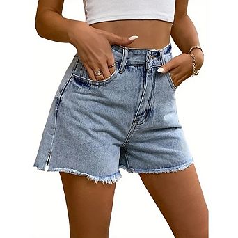 Women's High Waisted Vintage Denim Shorts Side Slit Raw Hem Shorts for Summer