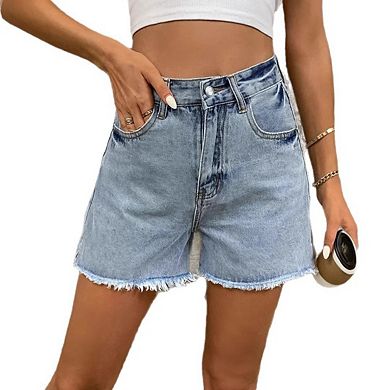 Women's High Waisted Vintage Denim Shorts Side Slit Raw Hem Shorts for Summer