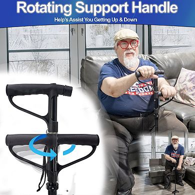 Folding Walking Cane with LED Light Adjustable Quad Base, Rotating Handle