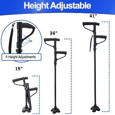 Folding Walking Cane with LED Light Adjustable Quad Base, Rotating Handle