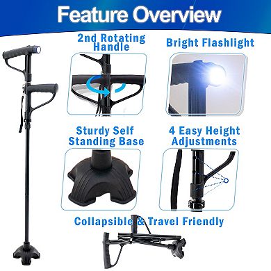 Folding Walking Cane with LED Light Adjustable Quad Base, Rotating Handle