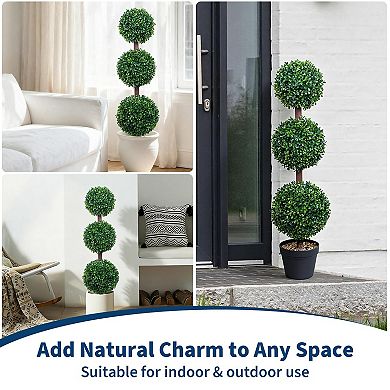 2Pack Triple Ball Boxwood Topiary Trees, 3FT Realistic Artificial Topiary, Faux Decorative Trees