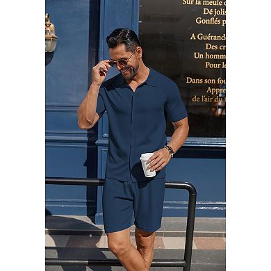 COOFANDY Men' 2 Piece Outfits Sets Casual Short Sleeve Button Down Knit Shirt and Shorts Sets