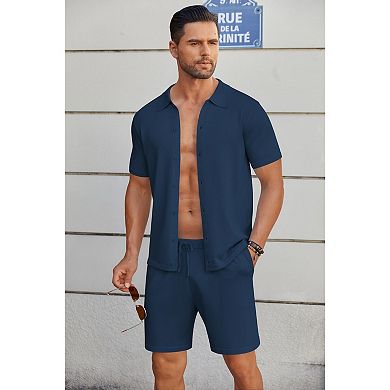 COOFANDY Men' 2 Piece Outfits Sets Casual Short Sleeve Button Down Knit Shirt and Shorts Sets