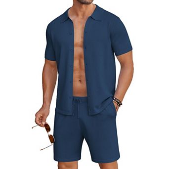 COOFANDY Men' 2 pc Outfits Sets Casual Short Sleeve Button Down Knit Shirt and Shorts Sets
