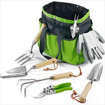8 pc Stainless Steel Gardening Tool Set, Wooden Handles with Tote Bag & Gloves