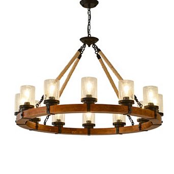 41-Inch Black Metal and Wood 12-Light Wagon Wheel Pendant Chandelier With Seeded Glass