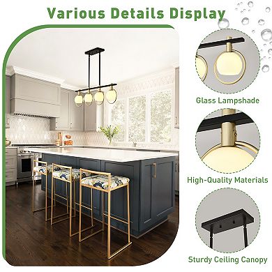 BAOURE 34" Modern Black Gold Linear 4 Light Kitchen Island Chandelier with Frosted Glass Globes