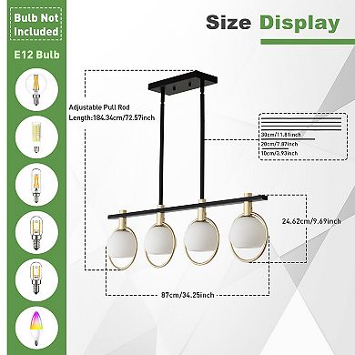 BAOURE 34" Modern Black Gold Linear 4 Light Kitchen Island Chandelier with Frosted Glass Globes