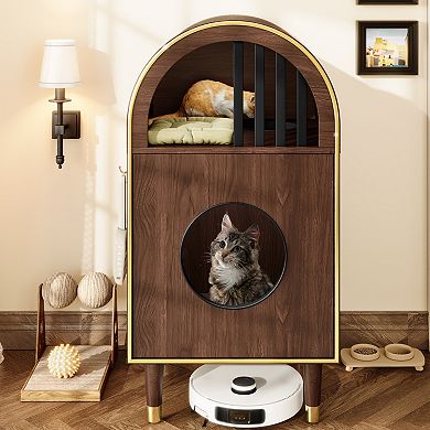 IFMALL 2-Tier Cat Litter Box Enclosure Furniture with Cozy Bed and Side Storage
