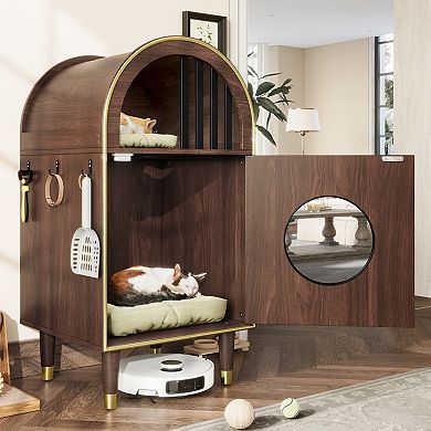 IFMALL 2-Tier Cat Litter Box Enclosure Furniture with Cozy Bed and Side Storage