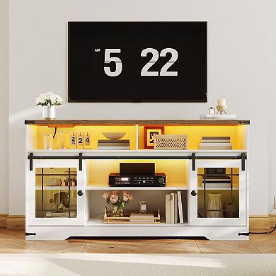 Adjustable Shelf TV Stand with Sliding Glass Doors, Farmhouse Style Entertainment Center