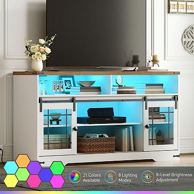 Adjustable Shelf TV Stand with Sliding Glass Doors, Farmhouse Style Entertainment Center