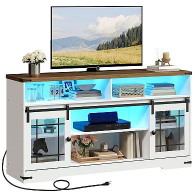 Adjustable Shelf TV Stand with Sliding Glass Doors, Farmhouse Style Entertainment Center