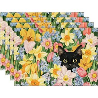 Tulip Flowers Cat Spring Placemats Set of 4, 12x18 Inch Seasonal Summer Holiday Table Mats for Party