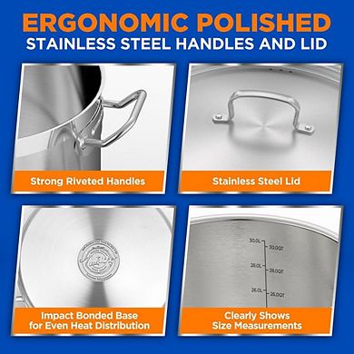 NutriChef 30QT Stockpot w/ Lid, Heavy Duty Induction Soup Pot, Riveted Handles