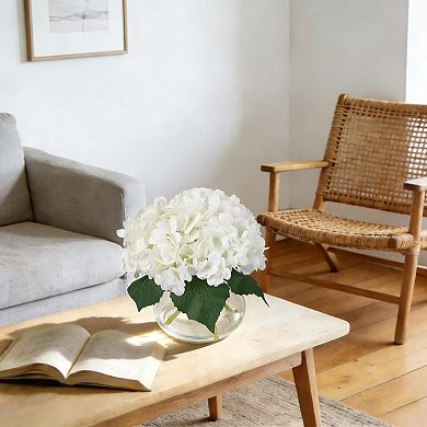 Faux Hydrangea Arrangement with Faux Water, Silk Artificial Flowers for Table Wedding, Glass Vase