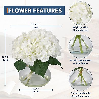 Faux Hydrangea Arrangement with Faux Water, Silk Artificial Flowers for Table Wedding, Glass Vase
