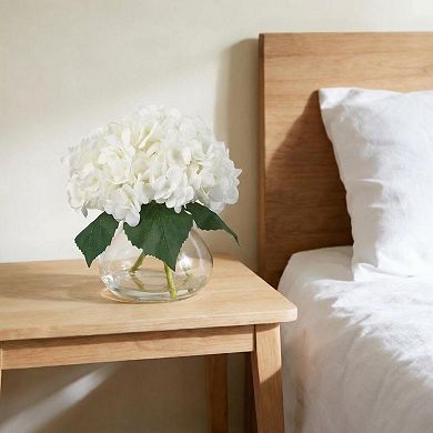 Faux Hydrangea Arrangement with Faux Water, Silk Artificial Flowers for Table Wedding, Glass Vase