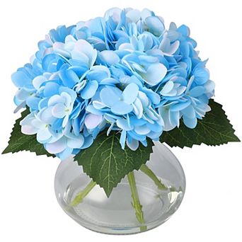 Faux Hydrangea Arrangement with Faux Water, Silk Artificial Flowers for Table Wedding, Glass Vase