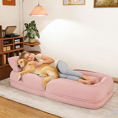 Adjustable Folding Lazy Sofa Bed with Pillows, Corduroy Upholstered Chair for Adults and Pets
