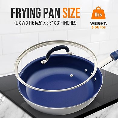 NutriChef Small Skillet Nonstick 8" Frying Pan With Lid, Silicone Handle, Ceramic Coating