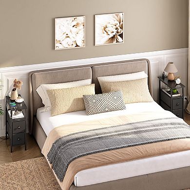 Corner Side Table with Fabric Drawers and Built-In USB Charger, Small Space