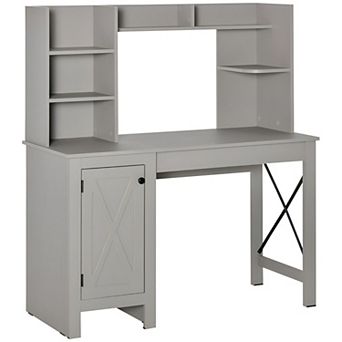 Farmhouse Hutch Desk with X-Pattern Doors and Storage Shelves - Light Grey