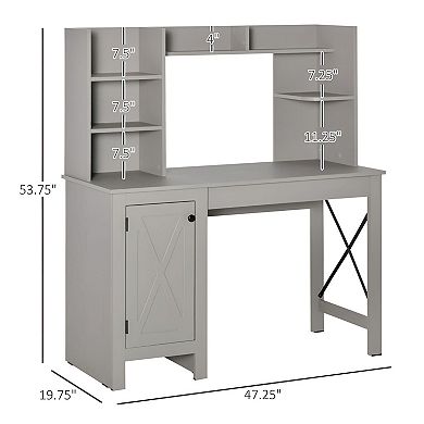 Farmhouse Hutch Desk with X-Pattern Doors and Storage Shelves - Light Grey