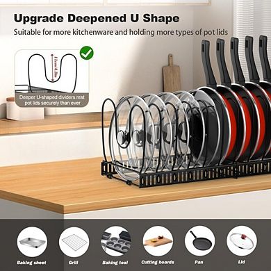 Great Ambitions Expandable Pot Lid Organizer Rack, 14-Slot Adjustable Holder for Cabinet Storage