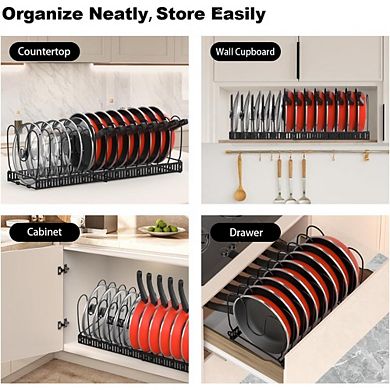 Great Ambitions Expandable Pot Lid Organizer Rack, 14-Slot Adjustable Holder for Cabinet Storage